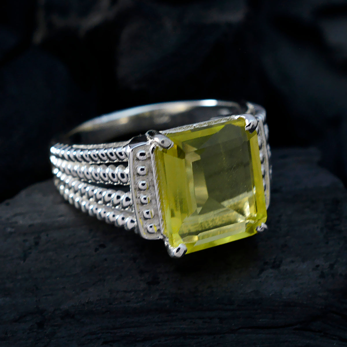 Lemon Quartz Solitaire Russian Sterling Silver Yellow Gemstone Eye catching Contemporary Ring Jewelry
