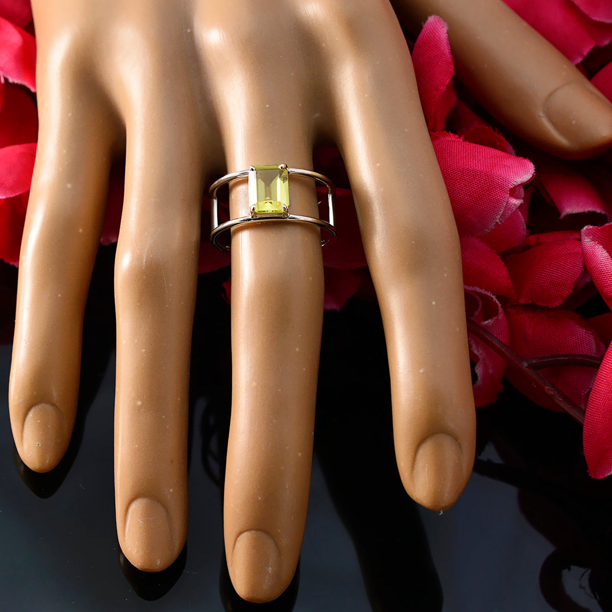 Lemon Quartz Solitaire Turkish 925 Silver Yellow Gemstones Whisper thin Geometric Band Jewellery