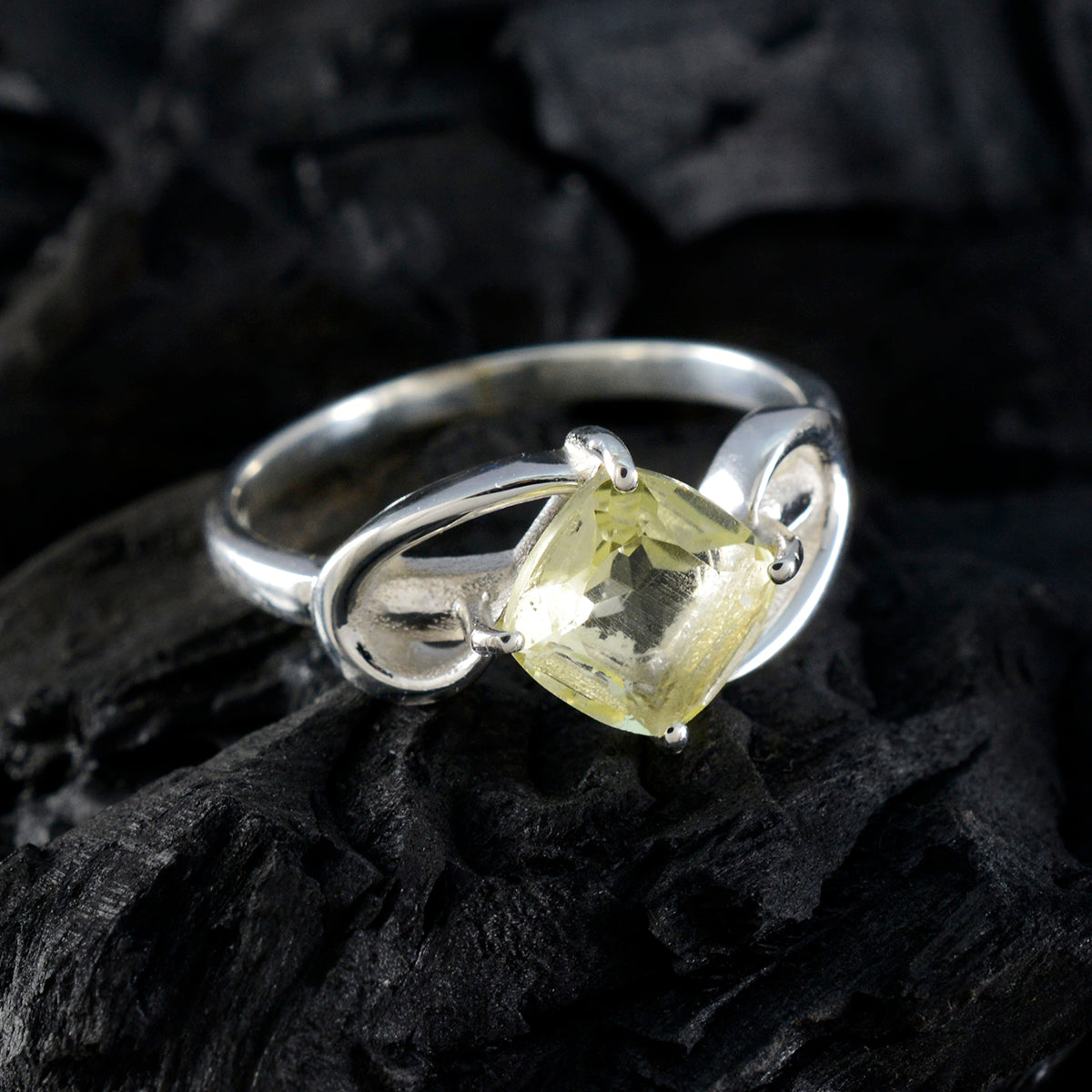 Lemon Quartz Solitaire German Sterling Silver Yellow Gems Slim Cultural Ring Jewelry