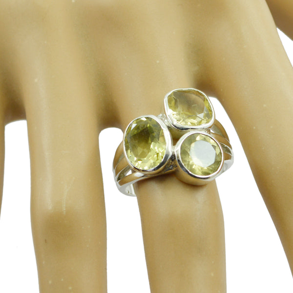 Lemon Quartz Trilogy German Silver Yellow Gemstone Mid weight Graceful Ring Jewelry