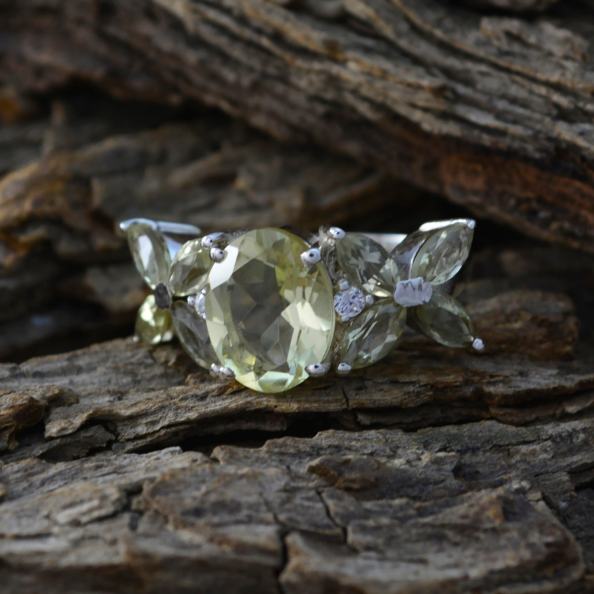 Lemon Quartz Navratna Egyptian 92.5 Silver Yellow Gemstone Mid weight Floral Ring Jewellery