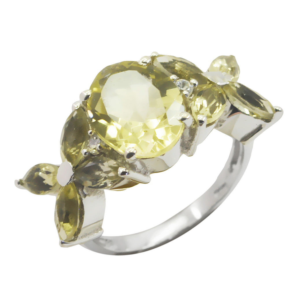 Lemon Quartz Navratna Egyptian 92.5 Silver Yellow Gemstone Mid weight Floral Ring Jewellery