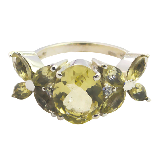 Lemon Quartz Navratna Egyptian 92.5 Silver Yellow Gemstone Mid weight Floral Ring Jewellery