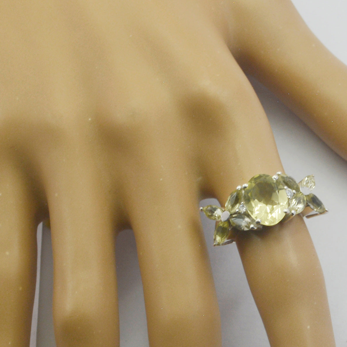 Lemon Quartz Navratna Egyptian 92.5 Silver Yellow Gemstone Mid weight Floral Ring Jewellery