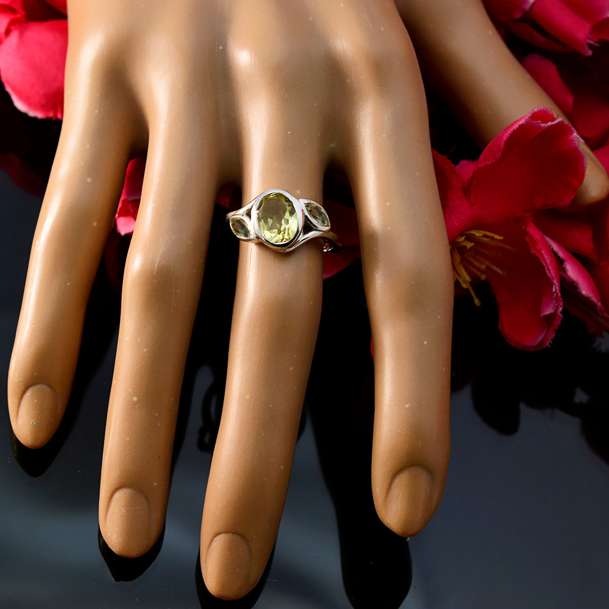 Lemon Quartz Trilogy African Silver Yellow Gemstone Slim Romantic Ring Jewelry