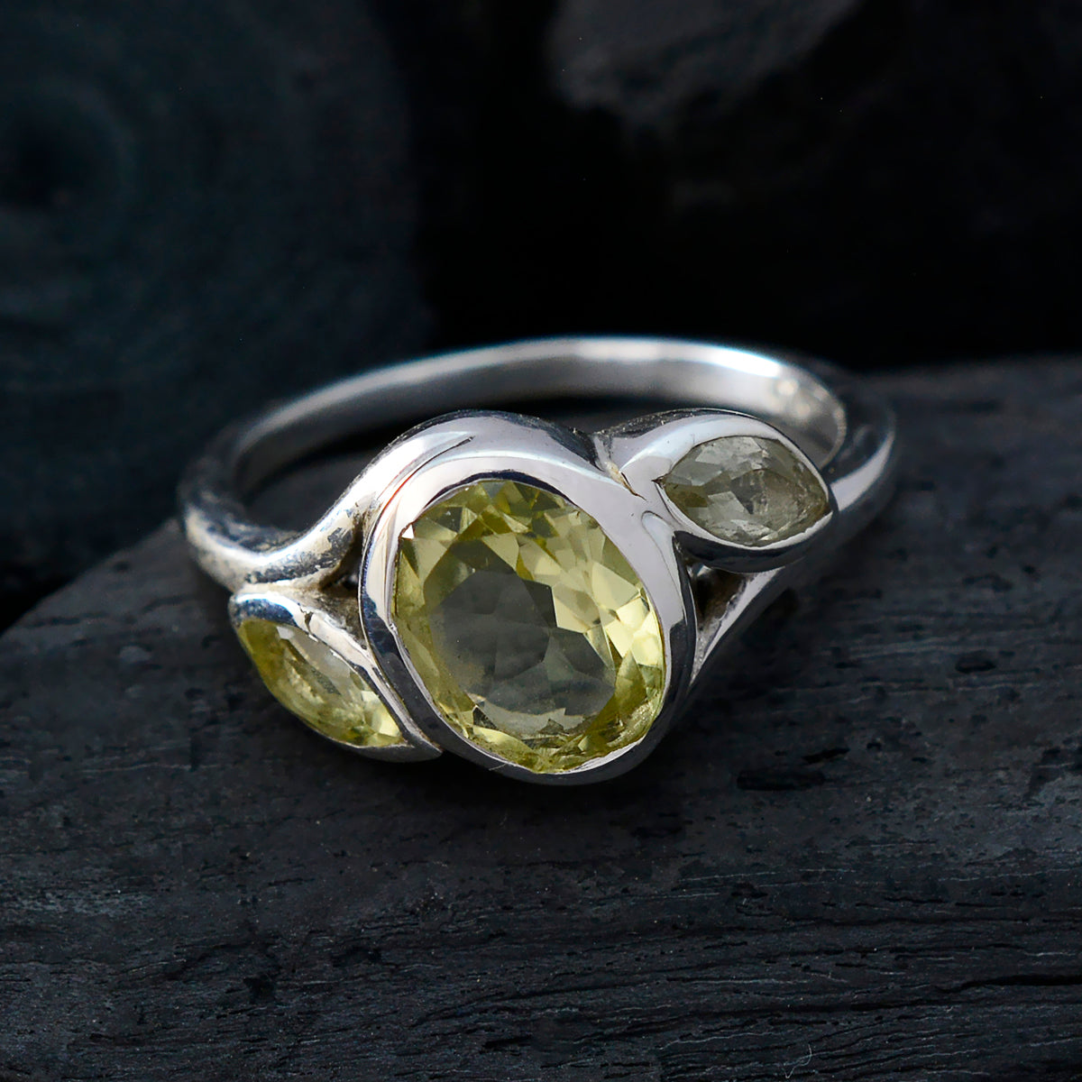 Lemon Quartz Trilogy African Silver Yellow Gemstone Slim Romantic Ring Jewelry