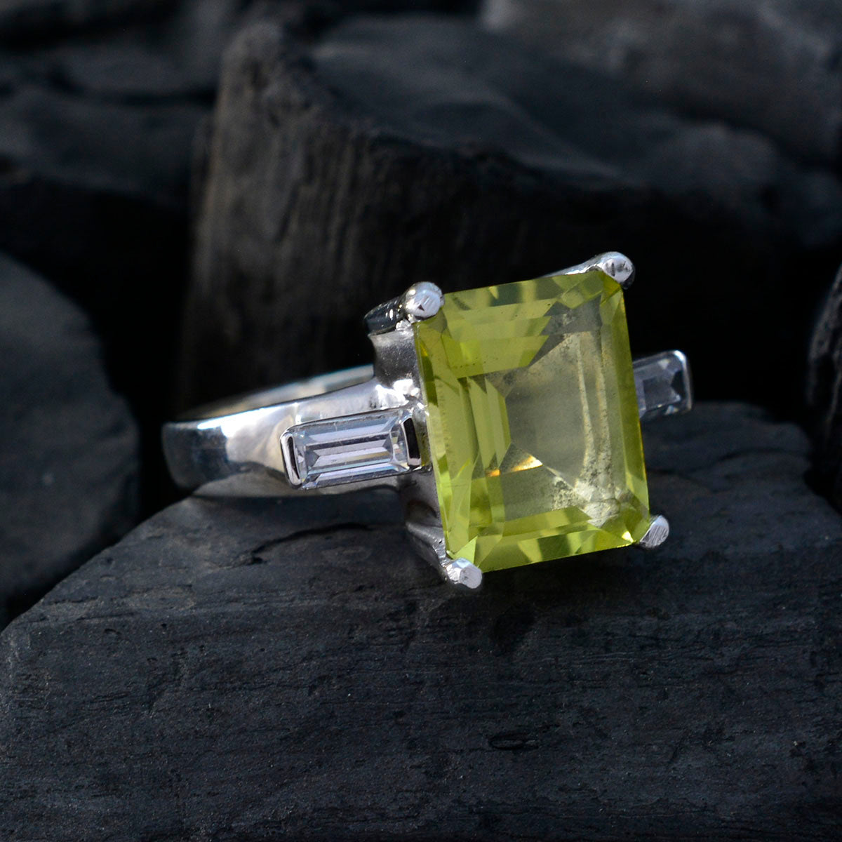 Lemon Quartz Trilogy German 92.5 Silver Yellow Gemstones Classic Glamorous Ring Jewellery
