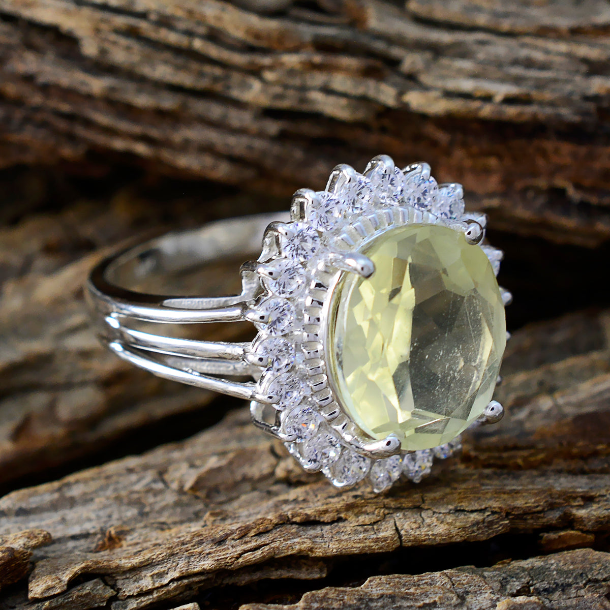 Lemon Quartz Halo African Silver Yellow Gemstone Classic Signet Ring Jewellery