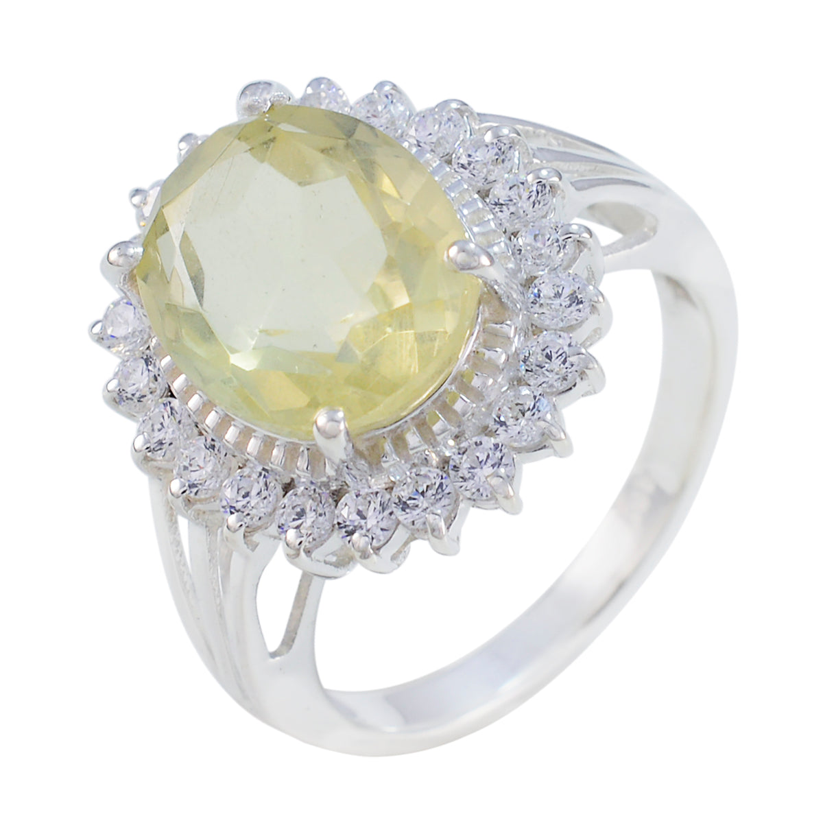 Bague chevalière classique en argent et pierre précieuse jaune africaine, halo de quartz citron, bijou Image secondaire du produit