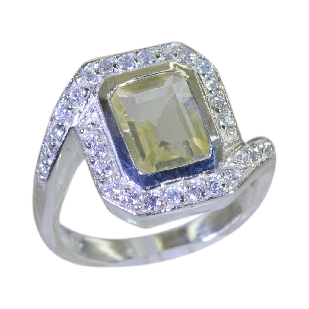 Lemon Quartz Halo Russian 925 Silver Yellow Gemstone Eye catching Abstract Ring Jewellery