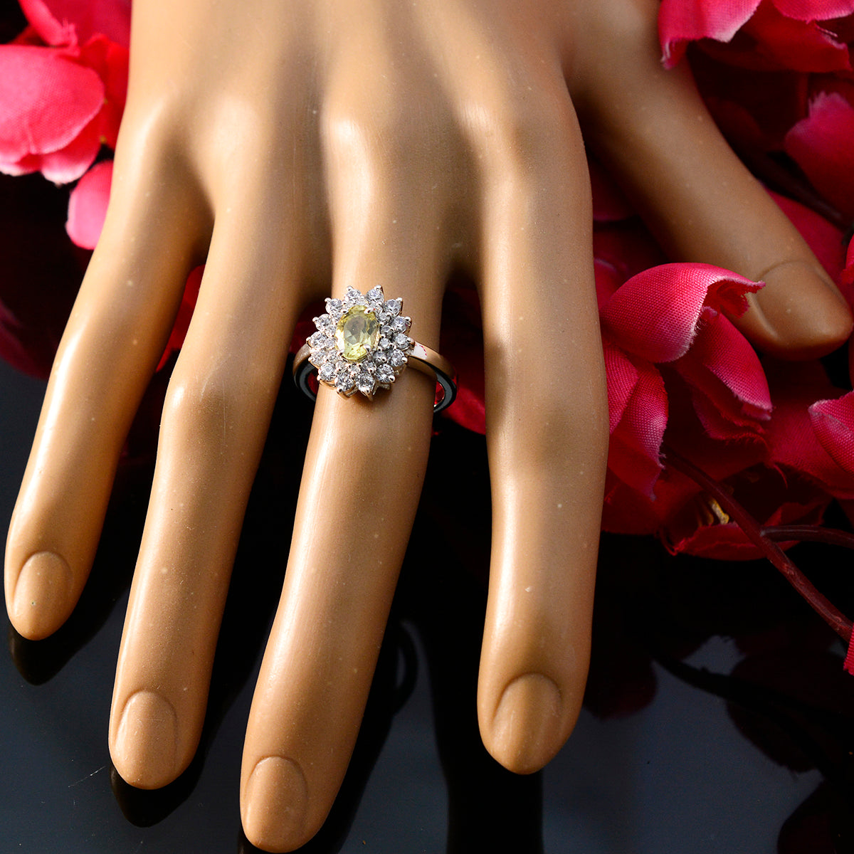 Lemon Quartz Halo French Sterling Silver Yellow Gems Tiny Trendy Ring Jewelry