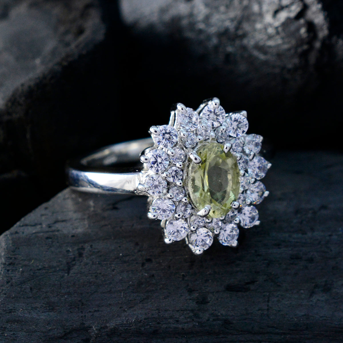 Lemon Quartz Halo French Sterling Silver Yellow Gems Tiny Trendy Ring Jewelry