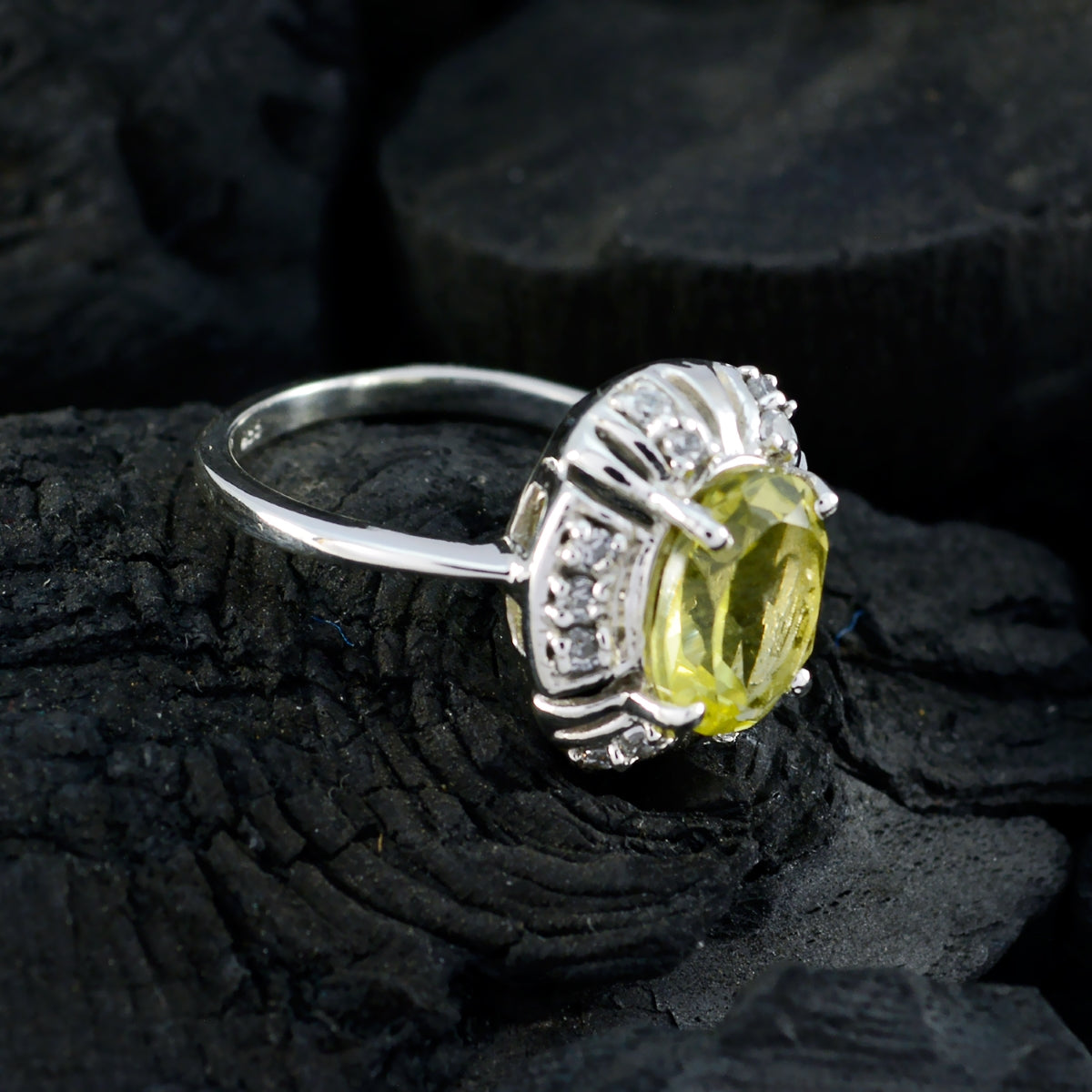Lemon Quartz Halo Russian Silver Yellow Gemstones Slim Fairytale Ring Jewelry