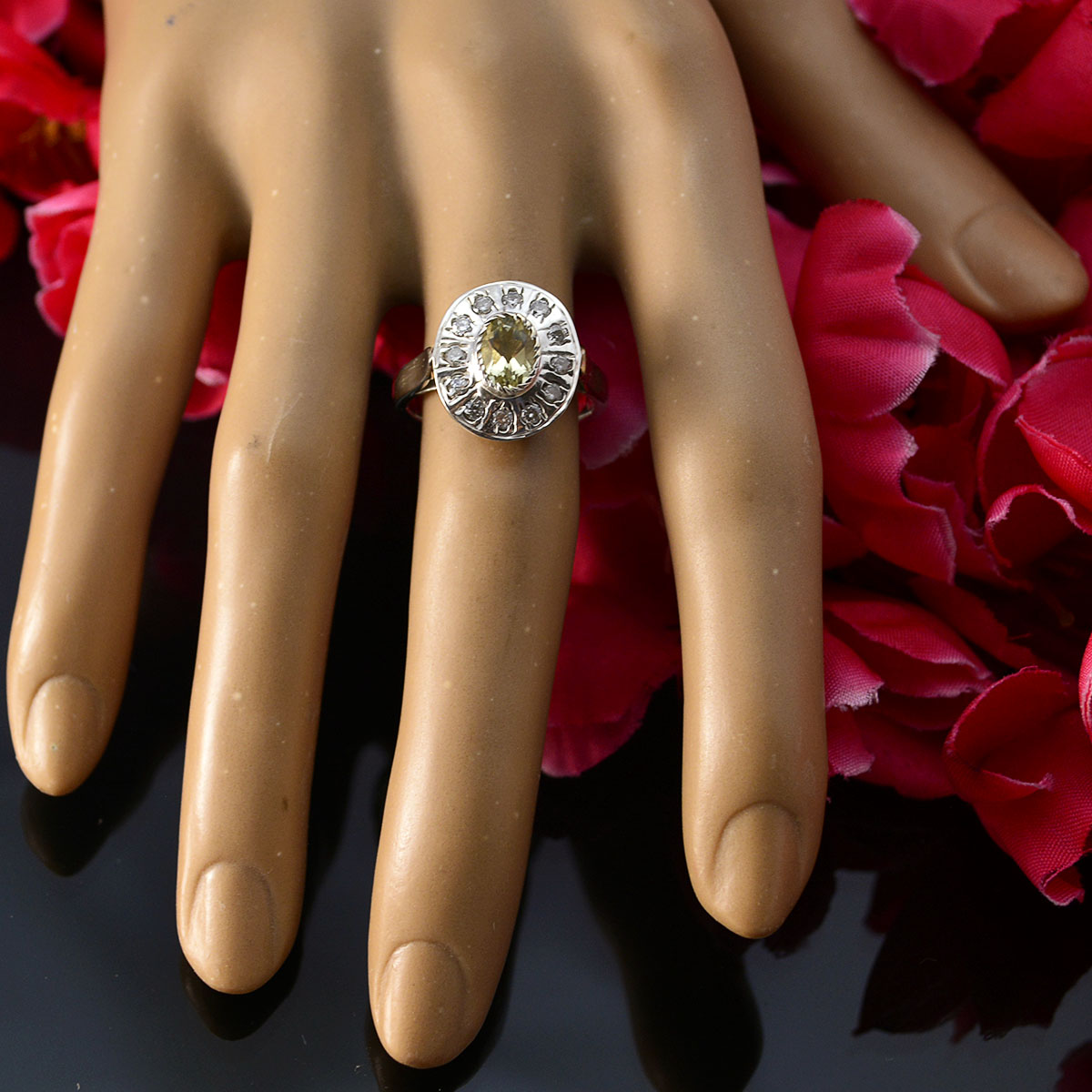 Lemon Quartz Halo Egyptian Sterling Silver Yellow Gems Tiny Glamorous Ring Jewelry