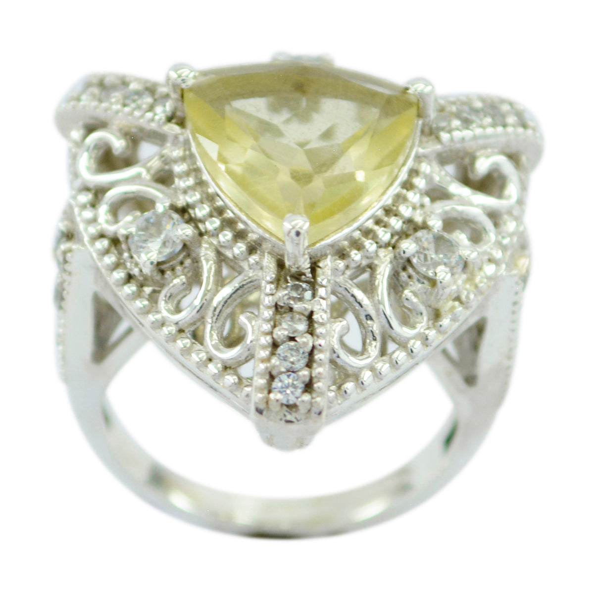 Lemon Quartz Halo Egyptian 925 Silver Yellow Gemstone Statement Filigree Ring Jewelry メイン画像