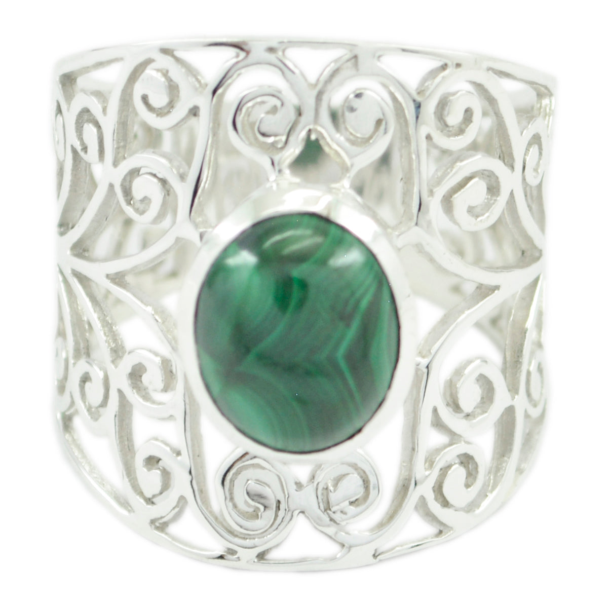Malachite Solitaire Mexican 925 Silver Green Gemstone Eye catching Filigree Ring Jewellery Huvudsaklig produktbild