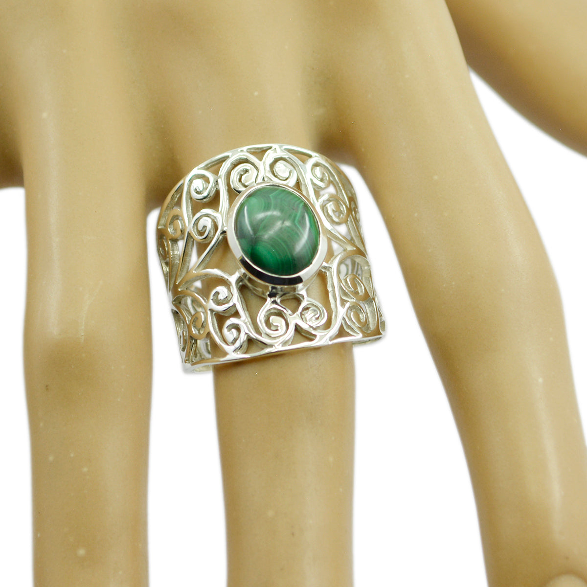 Malachite Solitaire Mexican 925 Silver Green Gemstone Eye catching Filigree Ring Jewellery