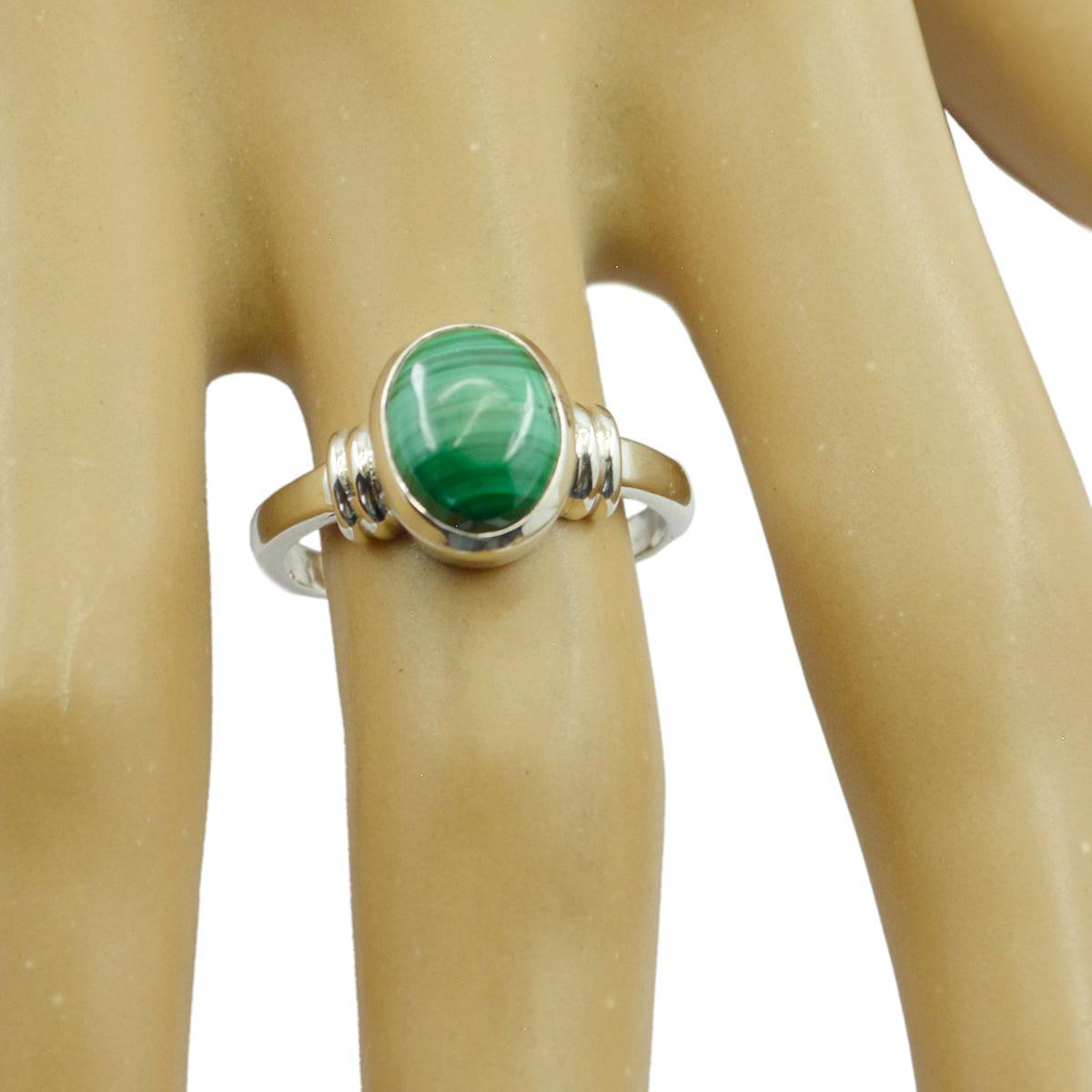 Malachite Solitaire Russian 925 Sterling Silver Green Gemstone Classic  Feminine Ring Jewelry