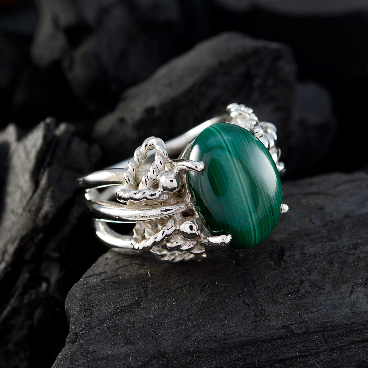 Malachite Solitaire Latin American 92.5 Silver Green Gemstone Essential  Rope Wire Ring Jewellery