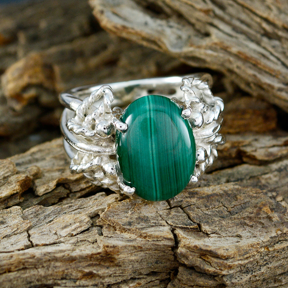 Malachit Solitär Lateinamerikanischer 92,5 Silber Grüner Edelstein Essential Rope Wire Ring Schmuck