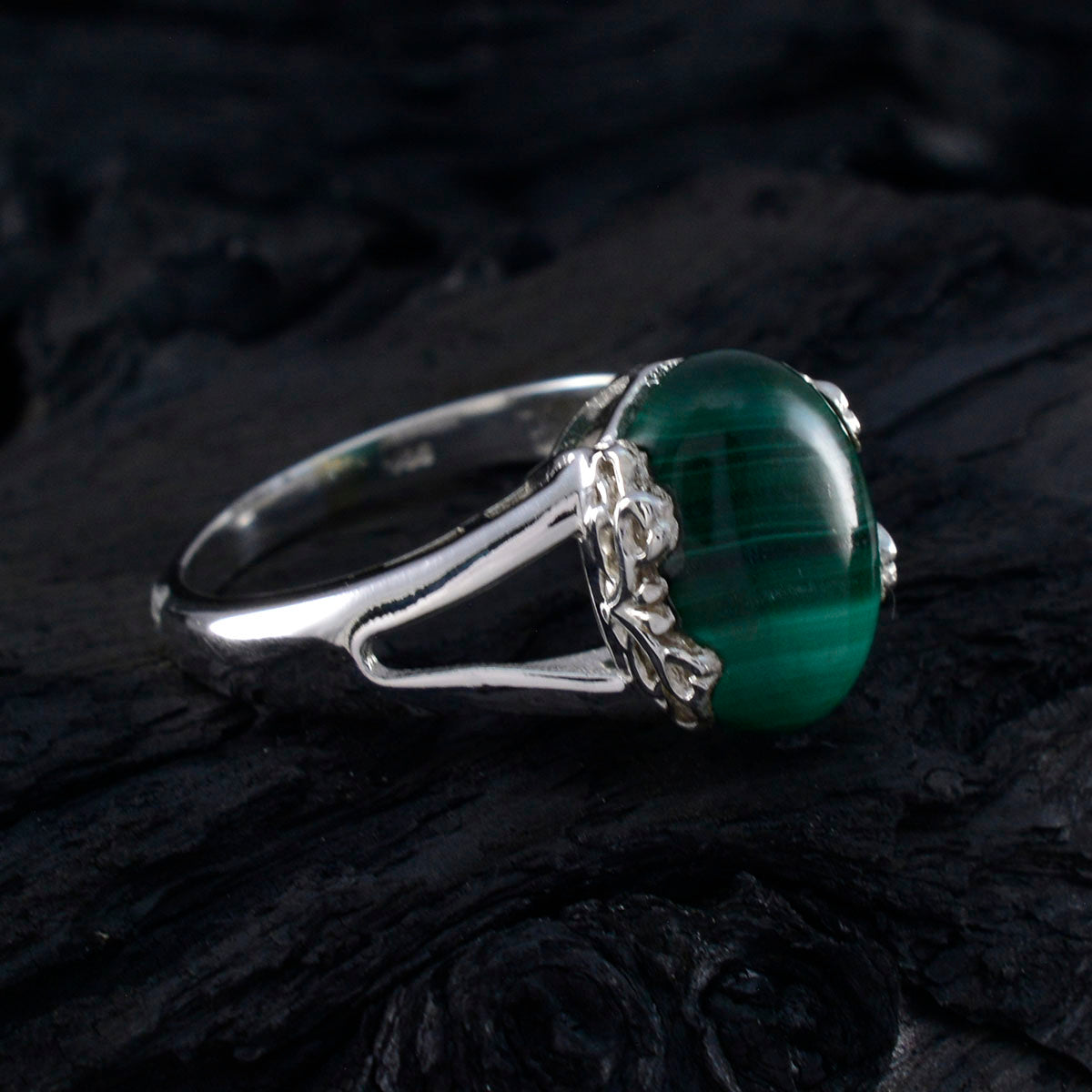 Malachite Solitaire Egyptian 925 Silver Green Gemstone Mid weight Feminine Ring Jewelry