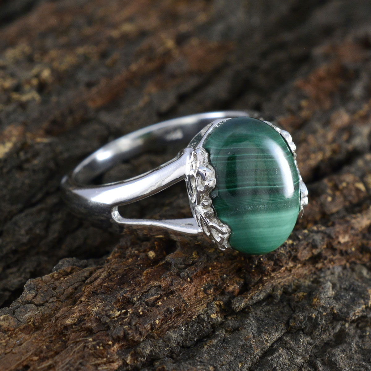 Malachite Solitaire Egyptian 925 Silver Green Gemstone Mid weight Feminine Ring Jewelry