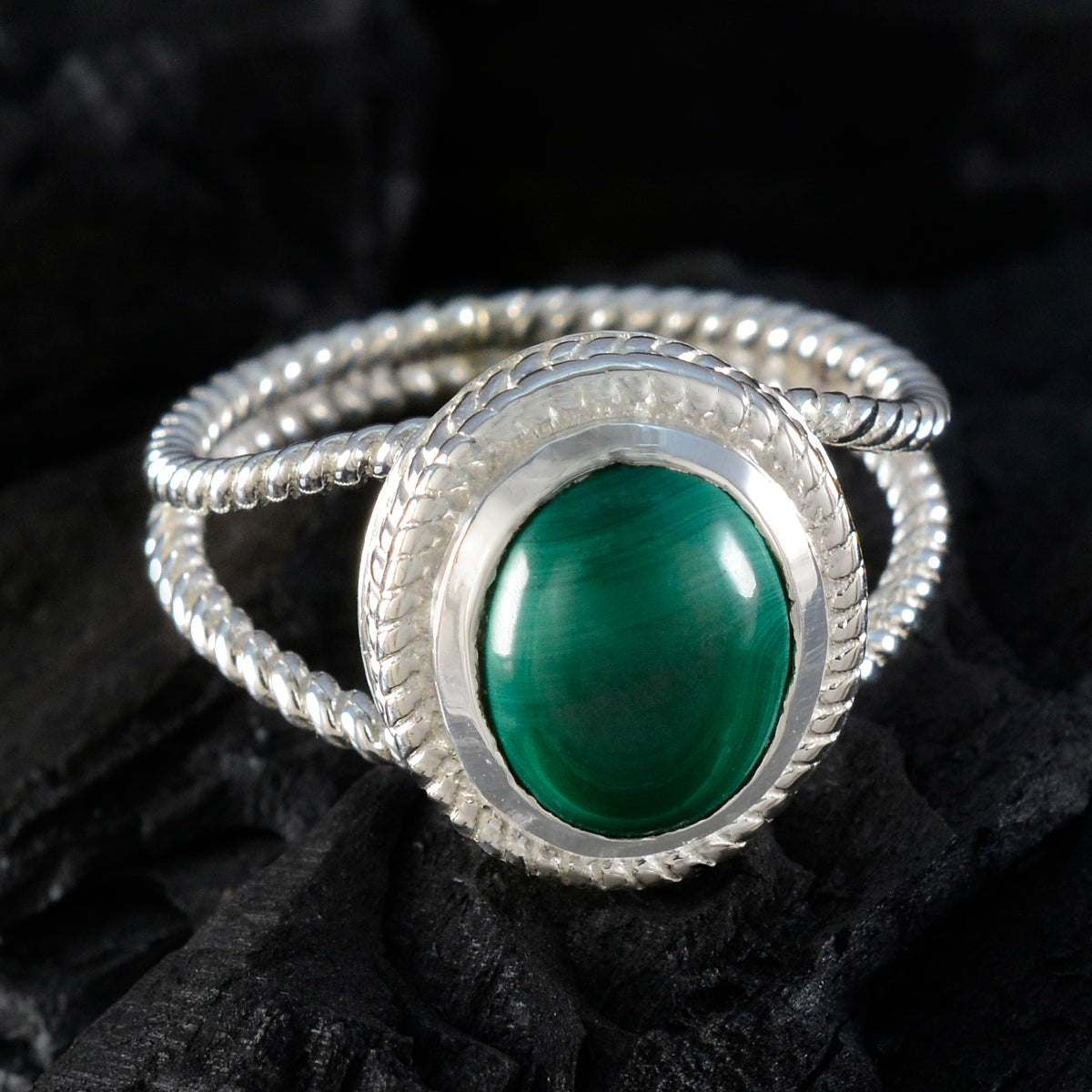 Malachite Solitaire Australian 92.5 Silver Green Gemstones Classic Rope Wire Ring Jewelry