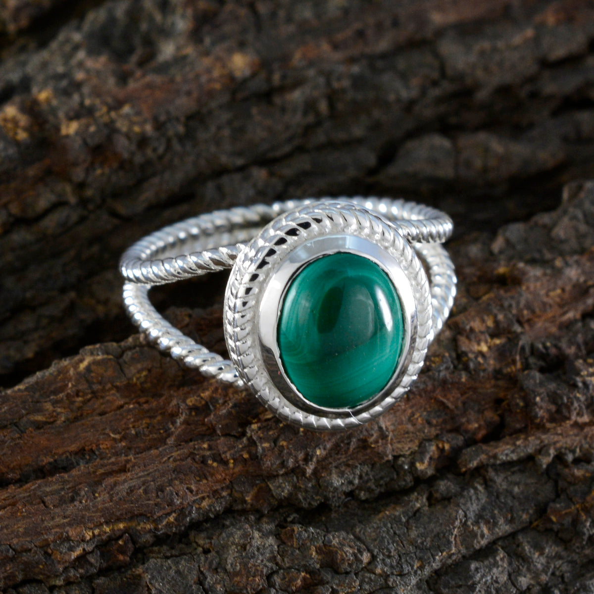 Malachite Solitaire Australian 92.5 Silver Green Gemstones Classic Rope Wire Ring Jewelry