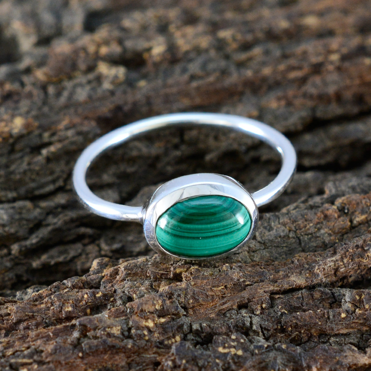 Malachite Solitaire Korean 925 Sterling Silver Green Gems Elegant  Graceful Ring Jewelry