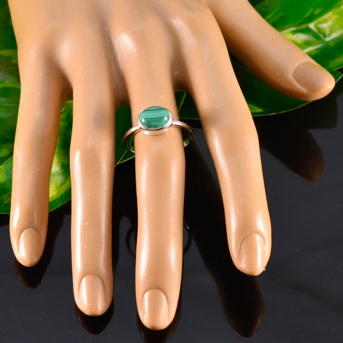 Malachite Solitaire American 925 Sterling Silver Green Gemstones Dainty Trendy Ring Jewelry