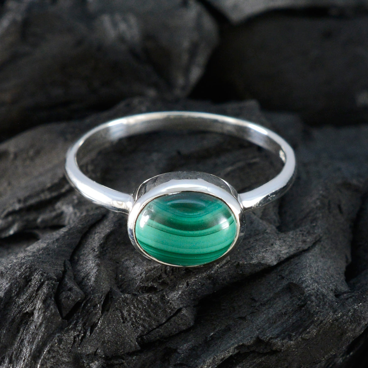 Malachite Solitaire American 925 Sterling Silver Green Gemstones Dainty Trendy Ring Jewelry