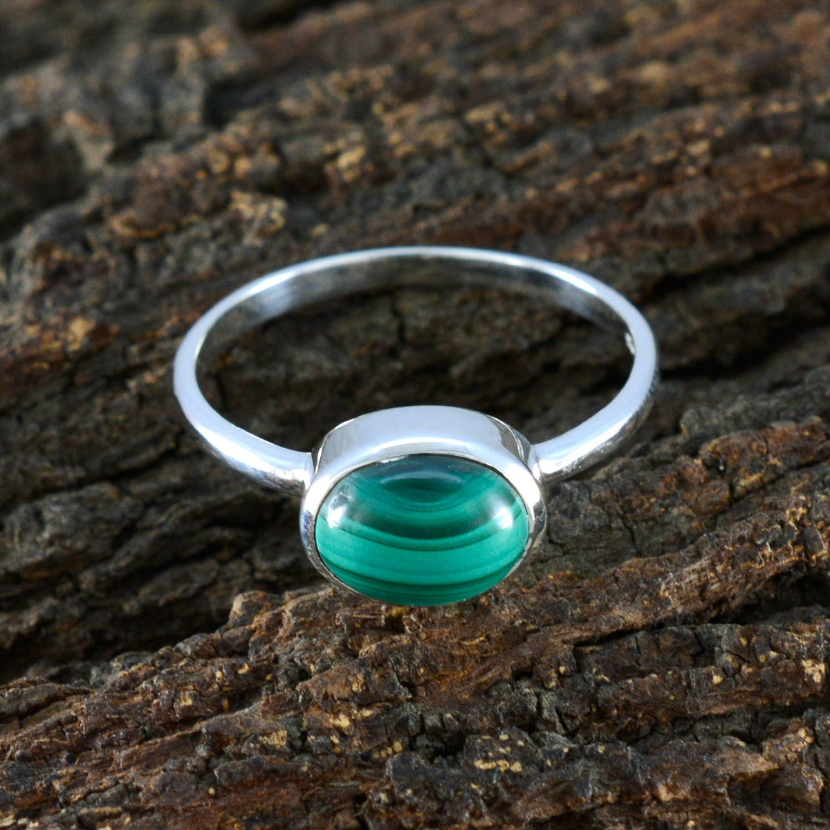 Malachite Solitaire American 925 Sterling Silver Green Gemstones Dainty Trendy Ring Jewelry