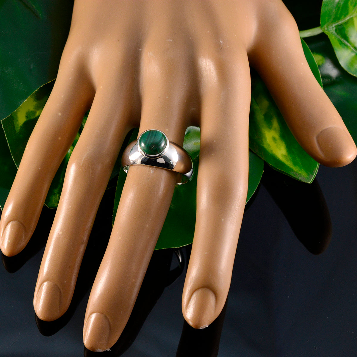 Malachite Solitaire French 925 Silver Green Gems Tiny Trendy Ring Jewelry
