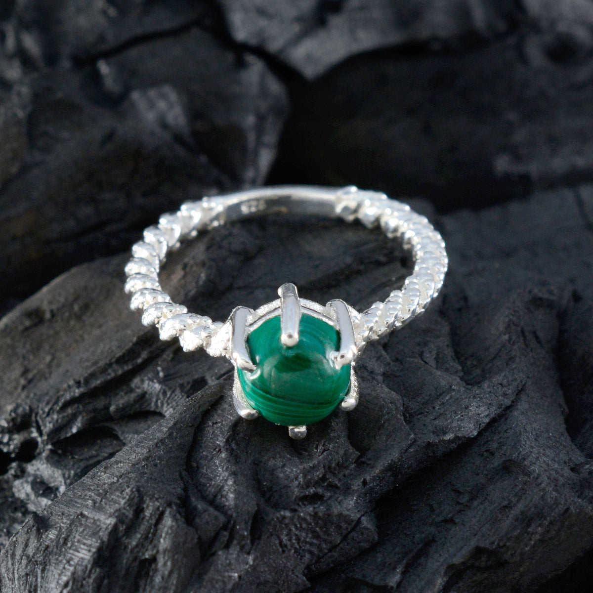 Malachite Solitaire French 925 Silver Green Gemstone Featherlight Twist Ring Jewellery