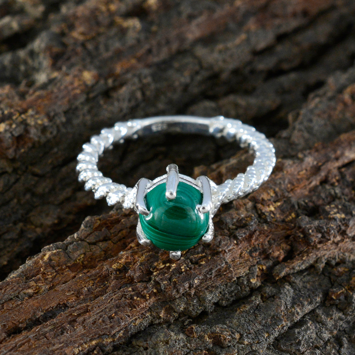 Malachite Solitaire French 925 Silver Green Gemstone Featherlight Twist Ring Jewellery