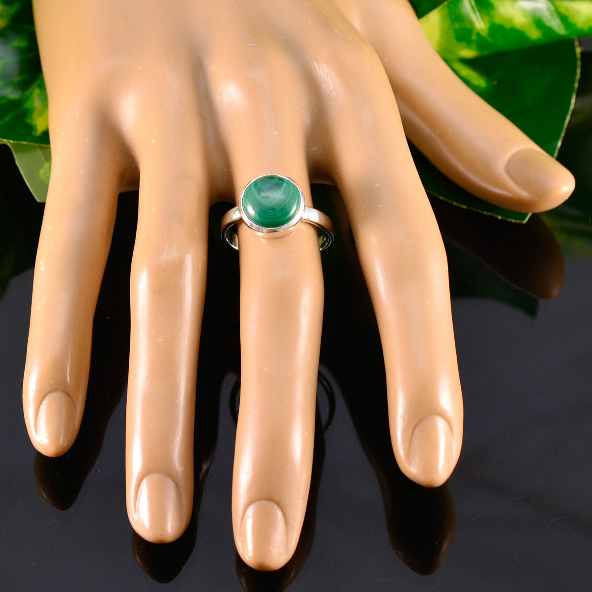 Malachite Solitaire African 92.5 Silver Green Gems Slim Graceful Ring Jewelry