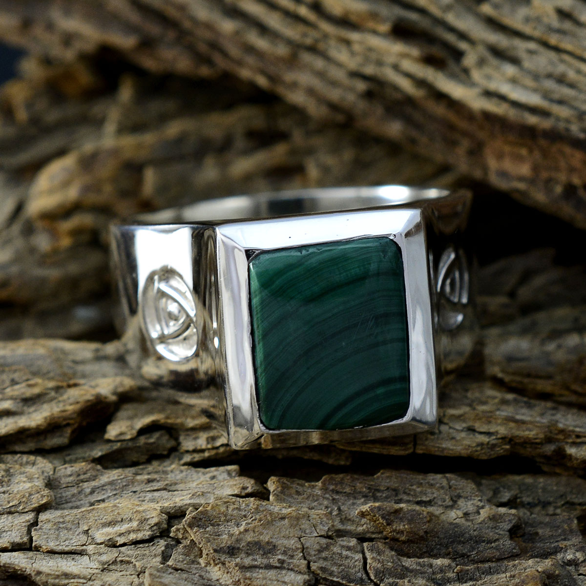 Malachite Solitaire German Silver Green Gems Edgy Armor Ring Jewelry