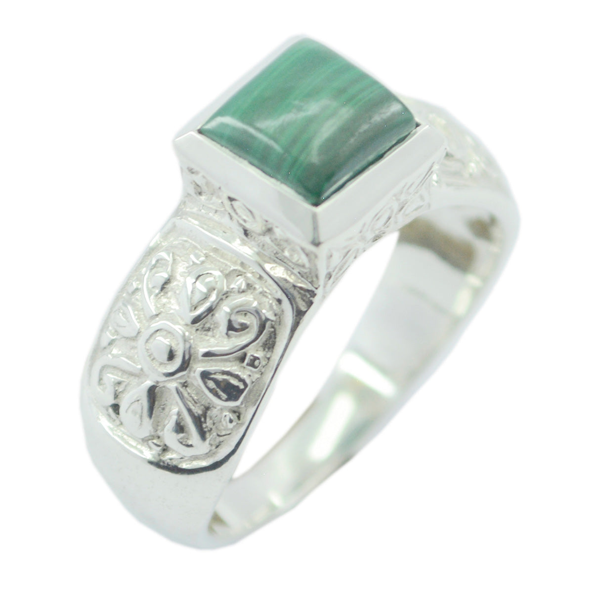 Malachite Solitaire Egyptian 925 Sterling Silver Green Gemstone Eye catching Art Deco Ring Jewellery メイン画像