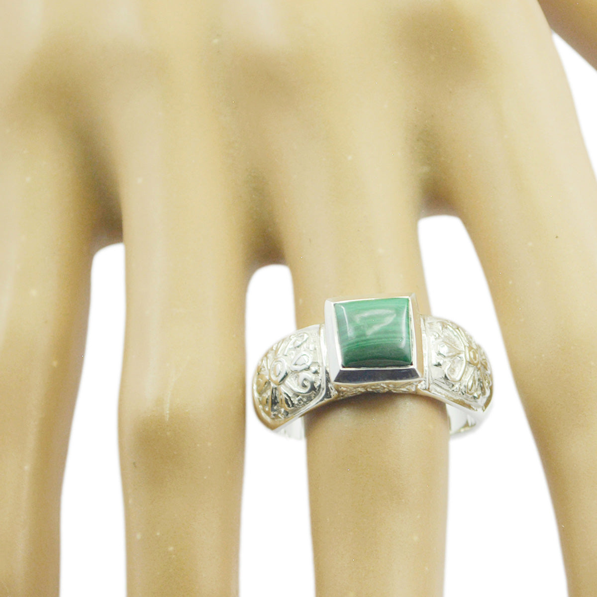 Bague Art déco accrocheuse en argent sterling 925 et pierre précieuse verte, solitaire malachite égyptienne Image secondaire du produit