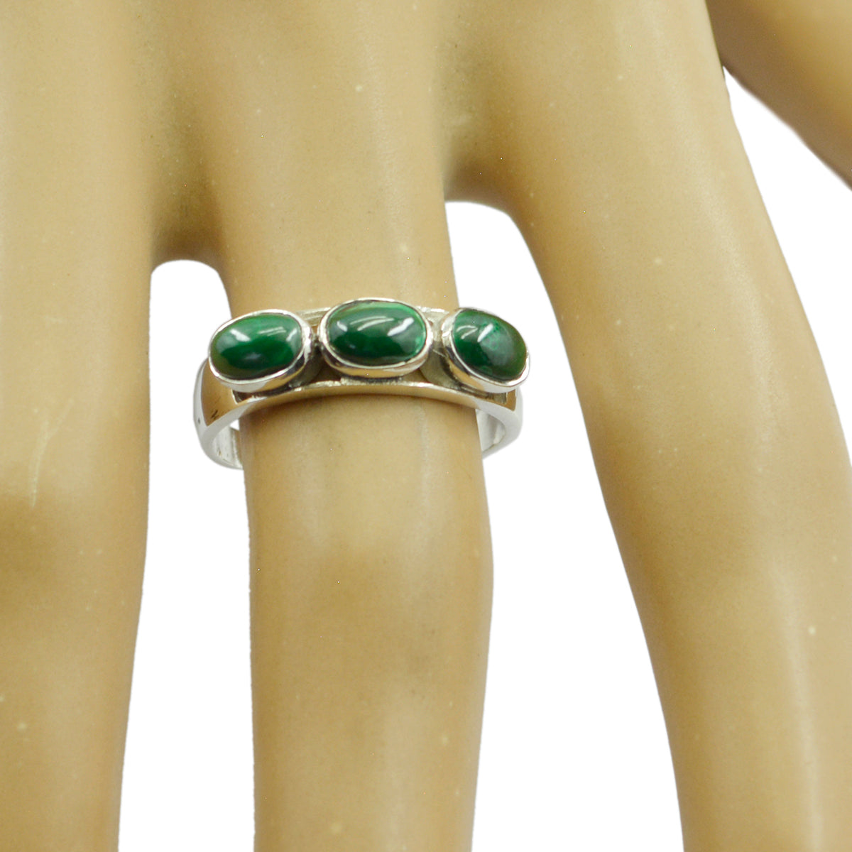 Trilogia di malachite, argento americano 92,5, gemme verdi, delicato anello da favola Immagine secondaria del prodotto