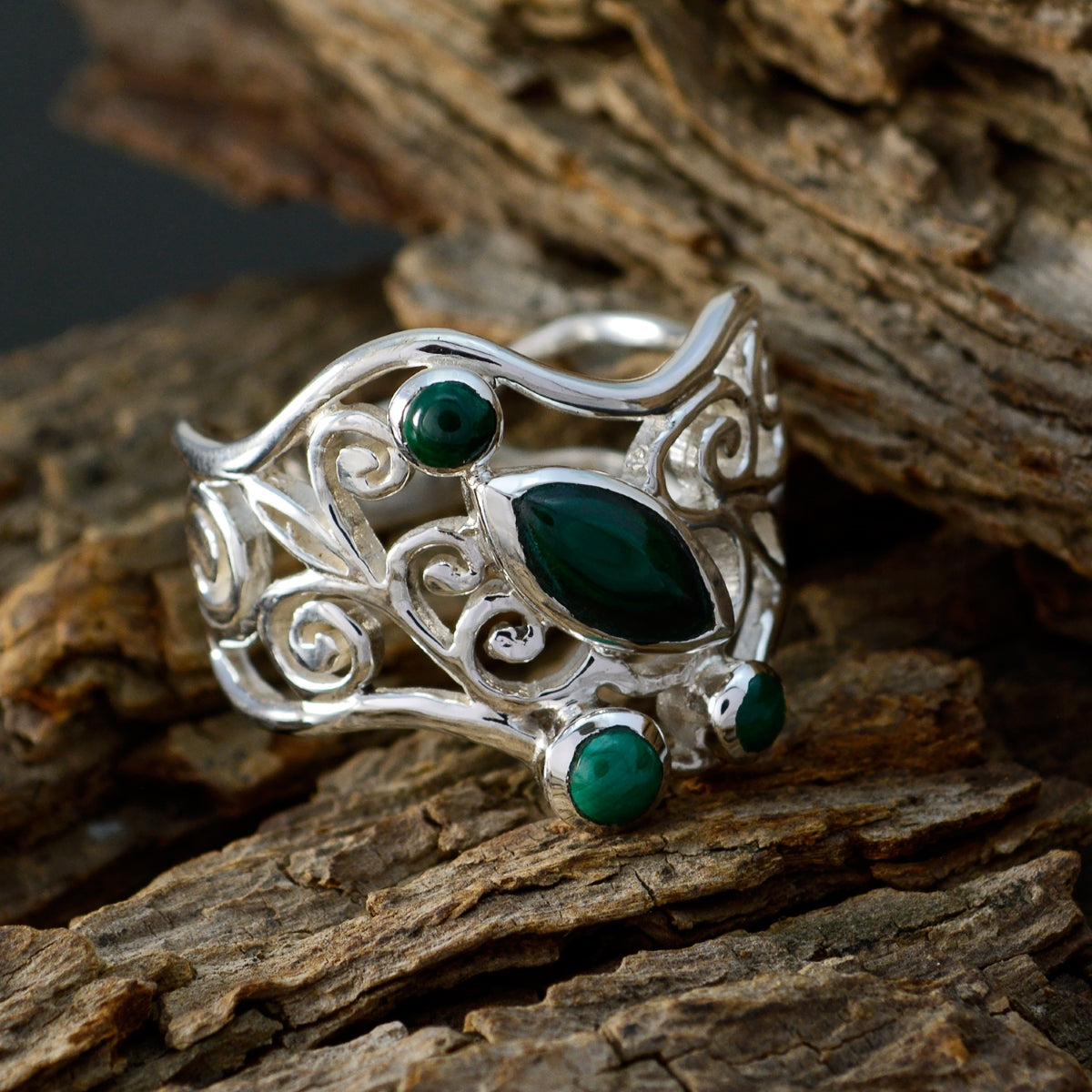 Malachite quarter Mexican 925 Silver Green Gemstones Essential  Filigree Ring Jewelry