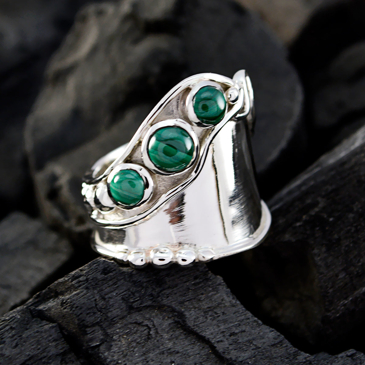 Malachite Trilogy Moroccan 925 Sterling Silver Green Gems Versatile Trendy Ring Jewelry