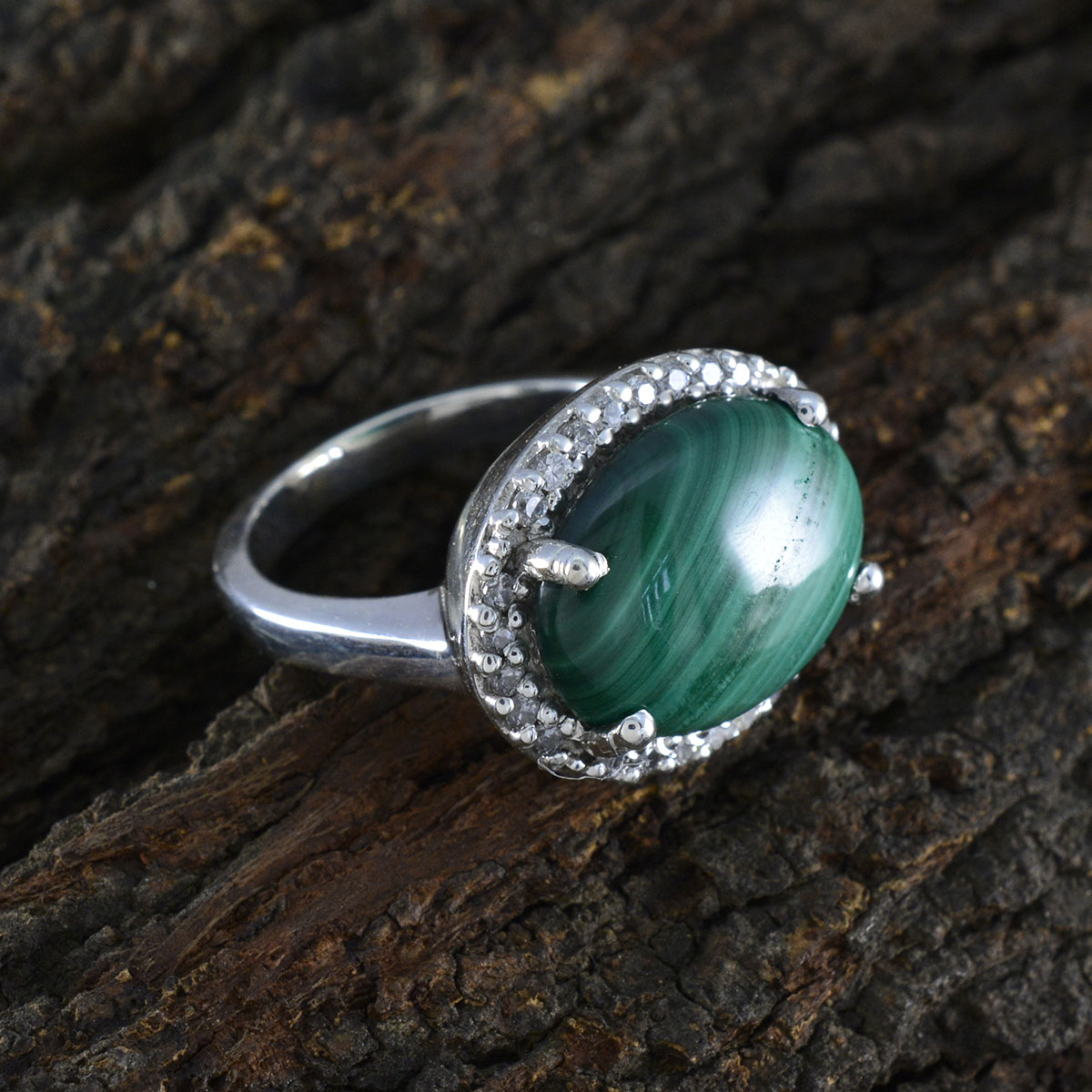 Malachite Halo German 925 Sterling Silver Green Gemstones Versatile Trendy Ring Jewelry