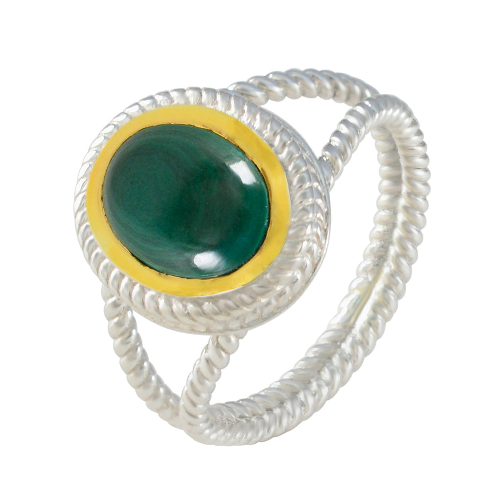 Malachite Solitaire Spanish 925 Sterling Silver Green Gems Classic Rope Wire Ring Jewellery