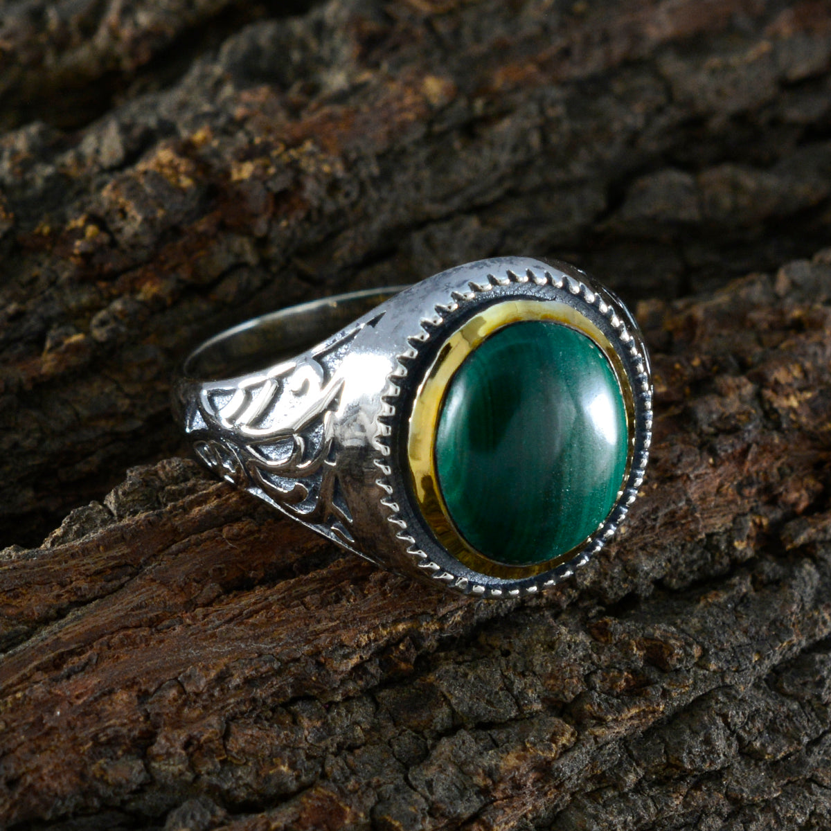 Malachite Solitaire Middle Eastern Sterling Silver Green Gems Eye catching Filigree Ring Jewelry