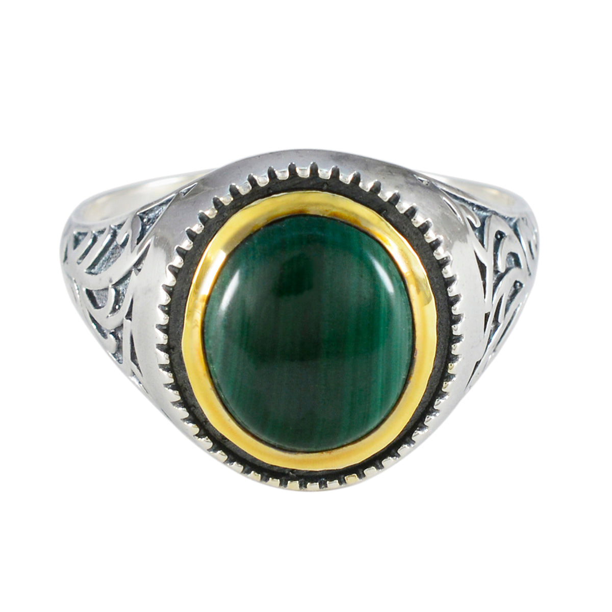 Malachit-Solitär, Naher Osten, Sterlingsilber, grüne Edelsteine, auffälliger filigraner Ringschmuck