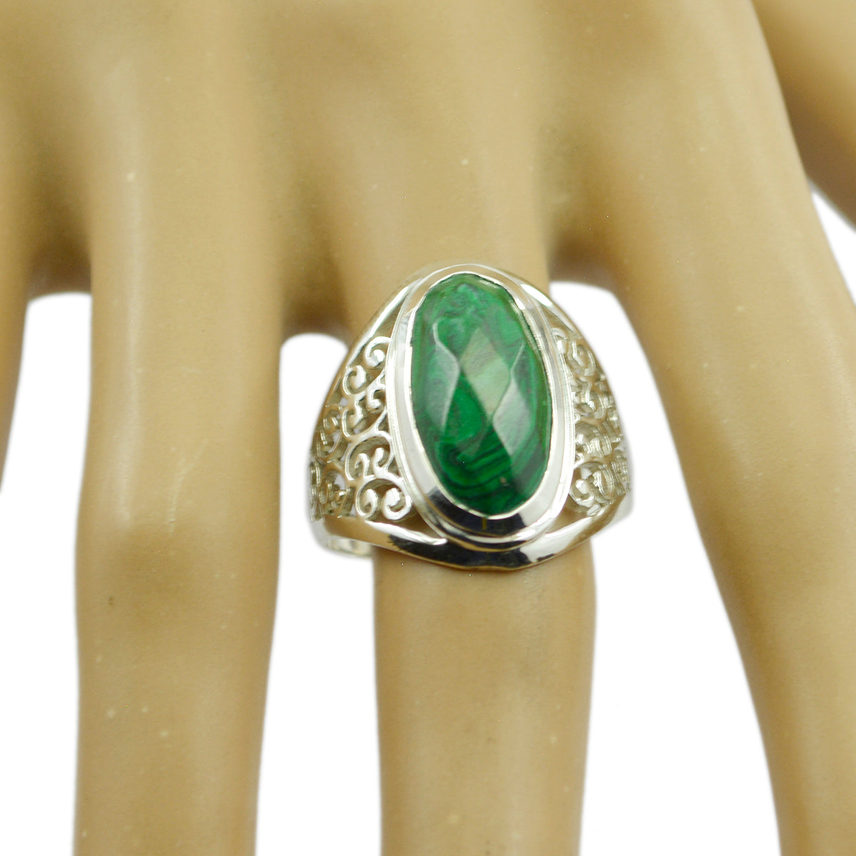 Malachiet Solitaire Midden-Oosterse 925 Zilver Groene Edelsteen Middelzware Filigree Ring Sieraden Secundaire afbeelding
