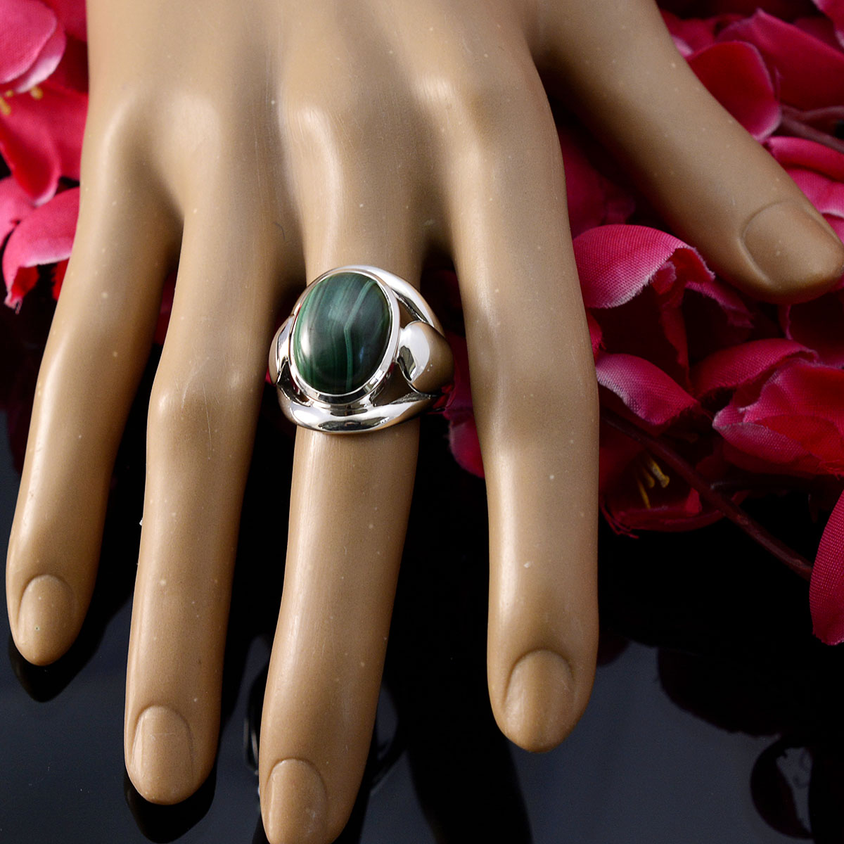 Malachite Solitaire Spanish 92.5 Silver Green Gems Statement Contemporary Ring Jewelry