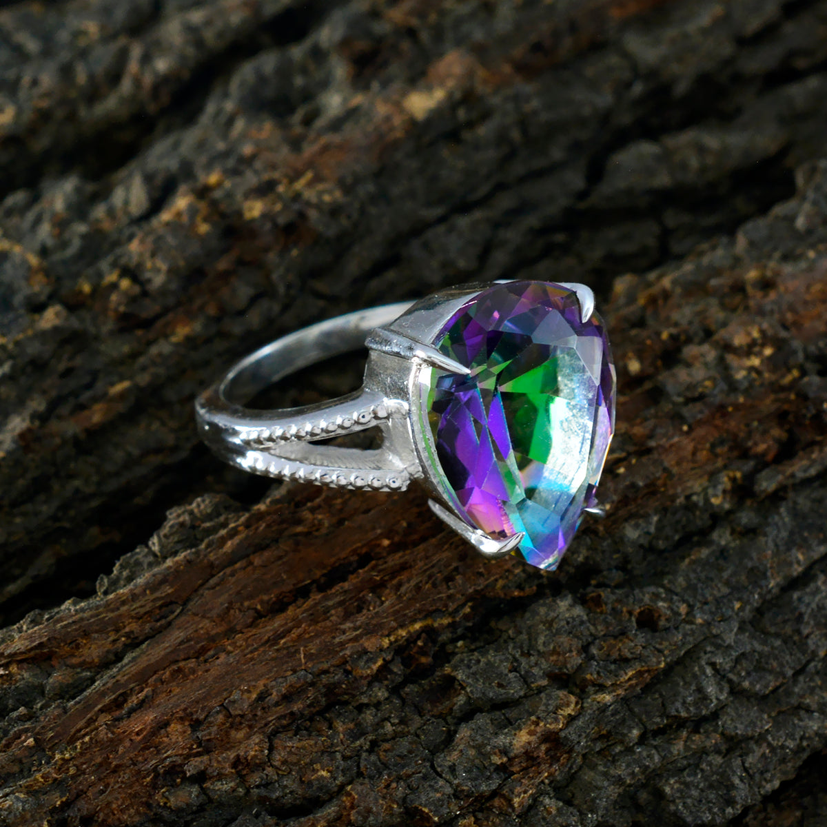 Mystic Quartz Solitaire Indian 925 Sterling Silver multicolor Gemstone Eye catching Heart Ring Jewelry