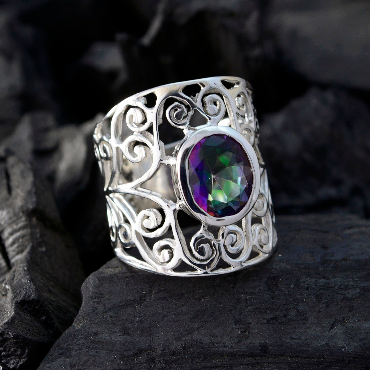 Mystic Quartz Solitaire Middle Eastern 925 Silver multicolor Gems Eye catching Filigree Ring Jewelry